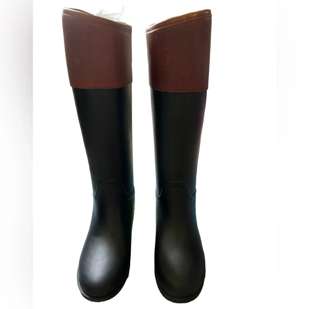 Tory Burch Diana Rubber Riding Boot Women's 8‎ 2 Tone Black/Brown With Box READ✅